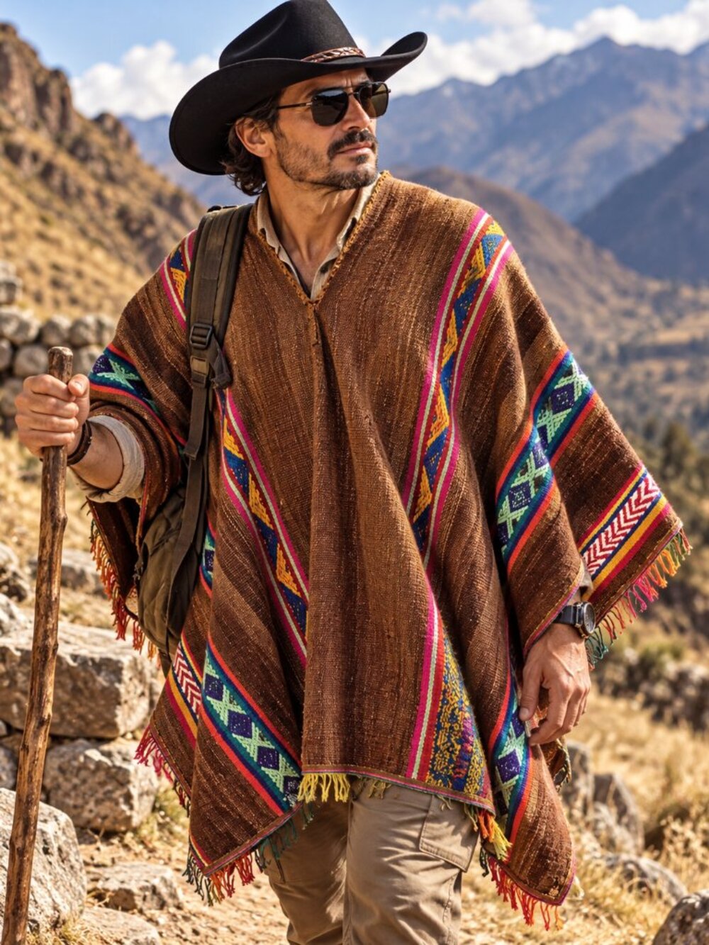 Antique Andean Handwoven Poncho โ Rustic Heritage Textile with Vibrant Geometric